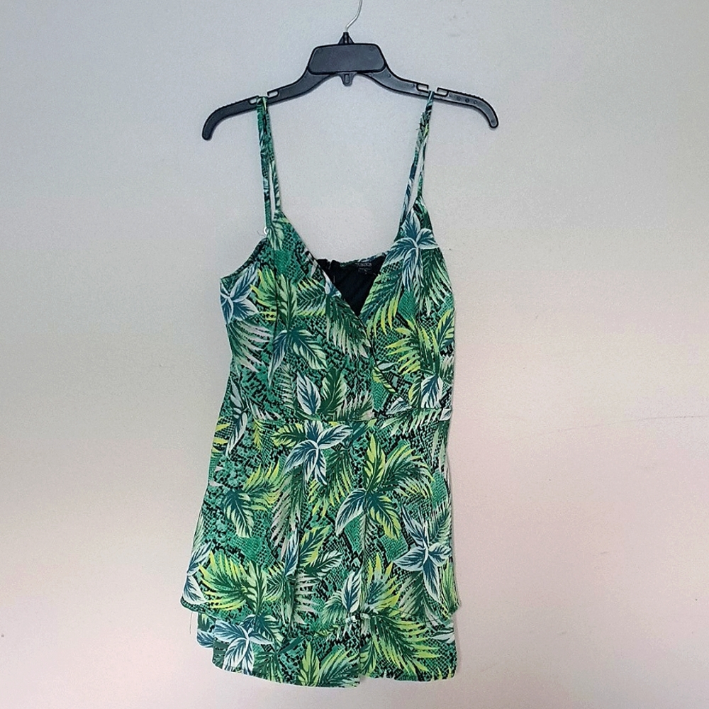 Toxik3 Women Romper Plus Green Tropical Leaf Pattern 1 Piece Adjustable Strap L